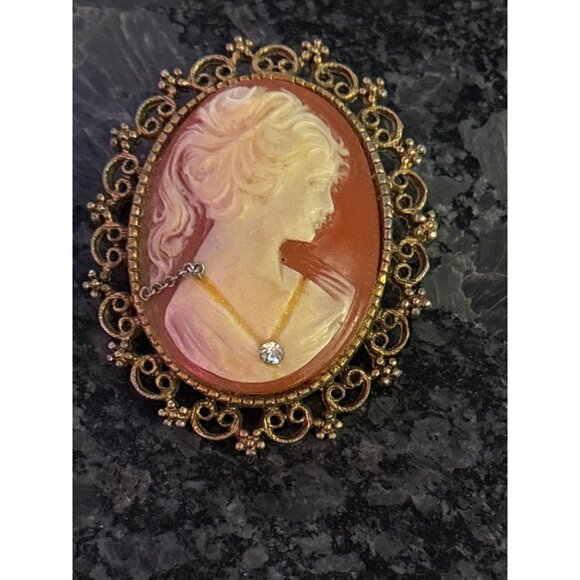 Vintage Cameo Brooch Rhinestone Victorian Style Lady Profile Gold-Tone Filigree - Picture 5 of 9